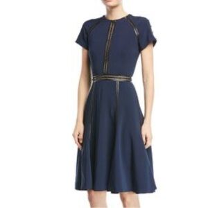 Jonathan Simkhai Short Sleeve Crepe Dress Studded Leather Trim Black Sz 4